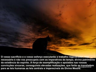 O vosso sacrifício e o vosso esforço executarão o trabalho regenerador, mas necessário é não vos preocupeis com os imperativos do tempo, divino patrimônio da existência do espírito. À força de exemplificação e apoiados nas vossas convicções sinceras, conseguireis elevadas realizações, que farão se transladem para as leis humanas as leis centrais e imperecíveis do Divino Mestre.  