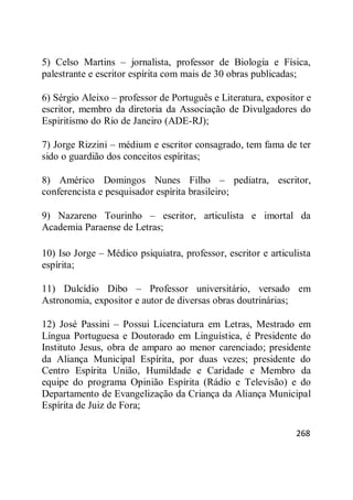 268
5) Celso Martins – jornalista, professor de Biologia e Física,
palestrante e escritor espírita com mais de 30 obras publicadas;
6) Sérgio Aleixo – professor de Português e Literatura, expositor e
escritor, membro da diretoria da Associação de Divulgadores do
Espiritismo do Rio de Janeiro (ADE-RJ);
7) Jorge Rizzini – médium e escritor consagrado, tem fama de ter
sido o guardião dos conceitos espíritas;
8) Américo Domingos Nunes Filho – pediatra, escritor,
conferencista e pesquisador espírita brasileiro;
9) Nazareno Tourinho – escritor, articulista e imortal da
Academia Paraense de Letras;
10) Iso Jorge – Médico psiquiatra, professor, escritor e articulista
espírita;
11) Dulcídio Dibo – Professor universitário, versado em
Astronomia, expositor e autor de diversas obras doutrinárias;
12) José Passini – Possui Licenciatura em Letras, Mestrado em
Língua Portuguesa e Doutorado em Linguística, é Presidente do
Instituto Jesus, obra de amparo ao menor carenciado; presidente
da Aliança Municipal Espírita, por duas vezes; presidente do
Centro Espírita União, Humildade e Caridade e Membro da
equipe do programa Opinião Espírita (Rádio e Televisão) e do
Departamento de Evangelização da Criança da Aliança Municipal
Espírita de Juiz de Fora;
 