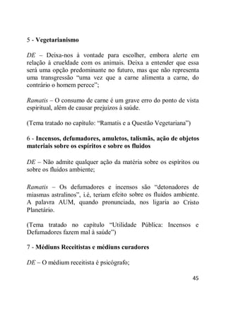45
5 - Vegetarianismo
DE – Deixa-nos à vontade para escolher, embora alerte em
relação à crueldade com os animais. Deixa a entender que essa
será uma opção predominante no futuro, mas que não representa
uma transgressão ―uma vez que a carne alimenta a carne, do
contrário o homem perece‖;
Ramatis – O consumo de carne é um grave erro do ponto de vista
espiritual, além de causar prejuízos à saúde.
(Tema tratado no capítulo: ―Ramatis e a Questão Vegetariana‖)
6 - Incensos, defumadores, amuletos, talismãs, ação de objetos
materiais sobre os espíritos e sobre os fluidos
DE – Não admite qualquer ação da matéria sobre os espíritos ou
sobre os fluidos ambiente;
Ramatis – Os defumadores e incensos são ―detonadores de
miasmas astralinos‖, i.é, teriam efeito sobre os fluidos ambiente.
A palavra AUM, quando pronunciada, nos ligaria ao Cristo
Planetário.
(Tema tratado no capítulo ―Utilidade Pública: Incensos e
Defumadores fazem mal à saúde‖)
7 - Médiuns Receitistas e médiuns curadores
DE – O médium receitista é psicógrafo;
 