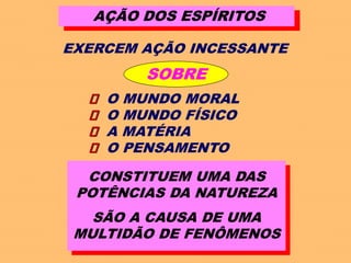 AÇÃO DOS ESPÍRITOS
EXERCEM AÇÃO INCESSANTE
SOBRE
 O MUNDO MORAL
 O MUNDO FÍSICO
 A MATÉRIA
 O PENSAMENTO
CONSTITUEM UMA DAS
POTÊNCIAS DA NATUREZA
SÃO A CAUSA DE UMA
MULTIDÃO DE FENÔMENOS
 