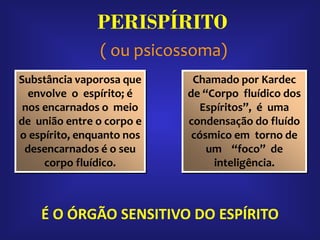Chamado por Kardec
de “Corpo fluídico dos
Espíritos”, é uma
condensação do fluído
cósmico em torno de
um “foco” de
inteligência.
Substância vaporosa que
envolve o espírito; é
nos encarnados o meio
de união entre o corpo e
o espírito, enquanto nos
desencarnados é o seu
corpo fluídico.
( ou psicossoma)
PERISPÍRITO
É O ÓRGÃO SENSITIVO DO ESPÍRITO
 