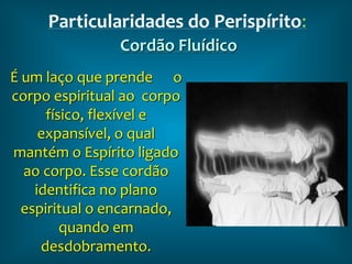 .
É um laço que prende o
corpo espiritual ao corpo
físico, flexível e
expansível, o qual
mantém o Espírito ligado
ao corpo. Esse cordão
identifica no plano
espiritual o encarnado,
quando em
desdobramento.
Particularidades do Perispírito:
Cordão Fluídico
 