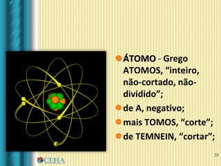 ÁTOMO - Grego
ATOMOS, “inteiro,
não-cortado, não-
dividido”;
de A, negativo;
mais TOMOS, “corte”;
de TEMNEIN, “cortar”;
25
 
