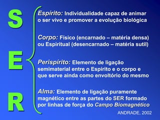 Espírito: Individualidade capaz de animar
o ser vivo e promover a evolução biológica
Alma: Elemento de ligação puramente
magnético entre as partes do SER formado
por linhas de força do Campo Biomagnético
Corpo: Físico (encarnado – matéria densa)
ou Espiritual (desencarnado – matéria sutil)
Perispírito: Elemento de ligação
semimaterial entre o Espírito e o corpo e
que serve ainda como envoltório do mesmo
ANDRADE, 2002
 
