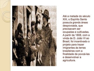 Até a metade do século
XIX, o Espírito Santo
possuía grands áreas
despovoada, que
precisavam ser
ocupadas e cultivadas.
A partir de 1808, com a
vinda de D. João VI ao
Brasil, foi incentivado o
projeto para trazer
imigrantes ás terras
brasileiras com a
finalidade de povoá-las
e desenvolver a
agricultura.
 