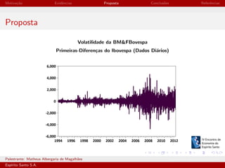 Motiva¸˜o
ca

Evidˆncias
e

Proposta

Conclus˜es
o

Referˆncias
e

Proposta
Volatilidade da BM&FBovespa
Primeiras-Diferen¸as do Ibovespa (Dados Di´rios)
c
a

Palestrante: Matheus Albergaria de Magalh˜es
a
Esp´
ırito Santo S.A.

IV EEES - Novembro de 2013

 