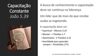 Capacitação
Constante
João 5.39
A busca de conhecimento e capacitação
deve ser contínua na liderança.
Um líder que dá mais do que recebe
acaba se esgotando.
A capacitação deve ser:
• Espiritual – Marcos 3.14
• Mental – I Timóteo 1.7
• Doutrinária - II Timóteo 2.15
• Humildade para aprender
sempre – Provérbios 27.6
REV. WELFANY NOLASCO RODRIGUES - IMTJRJR - CFTP/EAD
 