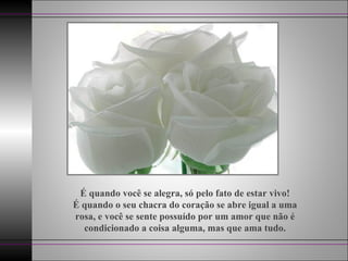 É quando você se alegra, só pelo fato de estar vivo!
É quando o seu chacra do coração se abre igual a uma
rosa, e você se sente possuído por um amor que não é
  condicionado a coisa alguma, mas que ama tudo.
 