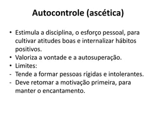 Autocontrole (ascética)
• Estimula a disciplina, o esforço pessoal, para
  cultivar atitudes boas e internalizar hábitos
  positivos.
• Valoriza a vontade e a autosuperação.
• Limites:
- Tende a formar pessoas rígidas e intolerantes.
- Deve retomar a motivação primeira, para
  manter o encantamento.
 