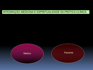 INTEGRAÇÃO
RELIGIÃO - CRENÇAS
Paciente
Médico
INTEGRAÇÃO MEDICINA E ESPIRITUALIDADE NA PRÁTICA CLÍNICA
 