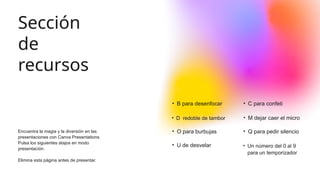 Encuentra la magia y la diversión en las
presentaciones con Canva Presentations.
Pulsa los siguientes atajos en modo
presentación.
Elimina esta página antes de presentar.
• D redoble de tambor
• O para burbujas
• B para desenfocar
• U de desvelar
• C para confeti
• Un número del 0 al 9
para un temporizador
• Q para pedir silencio
• M dejar caer el micro
Sección
de
recursos
 