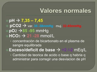 pH  7,35 – 7,45
 pCO2  var. 35 -38mmHg muj. 32-45mmHg
pO2 85 -95 mmHg
HCO3  21 -28 mmol/L
• concentración de bicarbonato en el plasma de
sangre equilibrada
Exceso/deficit de base  +2 /-2 mEq/L
• Cantidad de teorica de acido o base q habria q
administrar para corregir una desviacion de pH
 