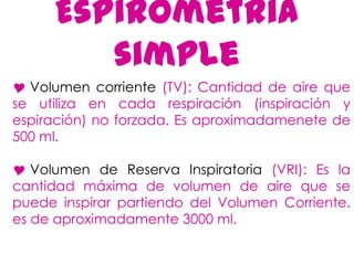 Espirometría
        simple
 Volumen corriente (TV): Cantidad de aire que
se utiliza en cada respiración (inspiración y
espiración) no forzada. Es aproximadamenete de
500 ml.

 Volumen de Reserva Inspiratoria (VRI): Es la
cantidad máxima de volumen de aire que se
puede inspirar partiendo del Volumen Corriente.
es de aproximadamente 3000 ml.
 