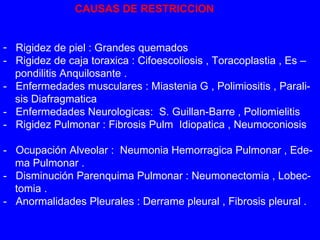 CAUSAS DE RESTRICCION Rigidez de piel : Grandes quemados -  Rigidez de caja toraxica : Cifoescoliosis , Toracoplastia , Es –   pondilitis Anquilosante . -  Enfermedades musculares : Miastenia G , Polimiositis , Parali-   sis Diafragmatica -  Enfermedades Neurologicas:  S. Guillan-Barre , Poliomielitis -  Rigidez Pulmonar : Fibrosis Pulm  Idiopatica , Neumoconiosis  -  Ocupación Alveolar :  Neumonia Hemorragica Pulmonar , Ede-   ma Pulmonar .  -  Disminución Parenquima Pulmonar : Neumonectomia , Lobec-   tomia . -  Anormalidades Pleurales : Derrame pleural , Fibrosis pleural .   