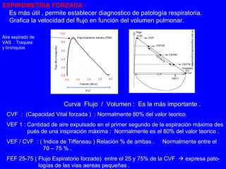 ESPIROMETRIA FORZADA :     Es más útil , permite establecer diagnostico de patología respiratoria.   Grafica la velocidad del flujo en función del volumen pulmonar. Curva  Flujo  /  Volumen :  Es la más importante . CVF  :  (Capacidad Vital forzada )  : Normalmente 80% del valor teorico. VEF 1 : Cantidad de aire expulsado en el primer segundo de la espiración máxima des   pués de una inspiración máxima :  Normalmente es el 80% del valor teorico . VEF / CVF  : ( Indice de Tiffeneau ) Relación % de ambas .  Normalmente entre el    70 – 75 % . FEF 25-75 ( Flujo Espiratorio forzado)  entre el 25 y 75% de la CVF    expresa pato-   logías de las vias aereas pequeñas .    Aire espirado de VAS  : Traquea y bronquios 