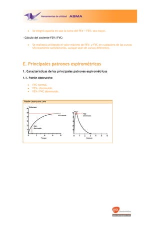 ·

Se elegirá aquella en que la suma del FEV + FEV1  sea mayor.

‐ Cálculo del cociente FEV1/FVC:
·

Se realizará utilizando el valor máximo de FEV1  y FVC en cualquiera de las curvas
técnicamente satisfactorias, aunque sean de curvas diferentes.

E. Principales patrones espirométricos
1. Características de los principales patrones espirométricos
1.1. Patrón obstructivo
·
·
·

FVC normal.
FEV1  disminuido.
FEV1/FVC disminuido.

 