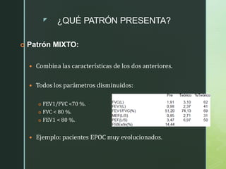 z ¿QUÉ PATRÓN PRESENTA?
 Patrón MIXTO:
 Combina las características de los dos anteriores.
 Todos los parámetros disminuidos:
 FEV1/FVC <70 %.
 FVC < 80 %.
 FEV1 < 80 %.
 Ejemplo: pacientes EPOC muy evolucionados.
 