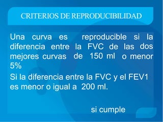 CRITERIOS DEREPRODUCIBILIDAD
Una curva es reproducible si la
dosdiferencia entre la
de
FVC
150
de
ml
las
mejores
5%
curvas o menor
Si la diferencia entre la FVC y el FEV1
es menor o igual a 200 ml.
si cumple
 