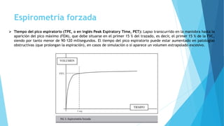 Espirometría forzada
 Tiempo del pico espiratorio (TPE, o en inglés Peak Espiratory Time, PET): Lapso transcurrido en la maniobra hasta la
aparición del pico máximo (FEM), que debe situarse en el primer 15 % del trazado, es decir, el primer 15 % de la FVC,
siendo por tanto menor de 90–120 milisegundos. El tiempo del pico espiratorio puede estar aumentado en patologías
obstructivas (que prolongan la espiración), en casos de simulación o si aparece un volumen extrapolado excesivo.
 