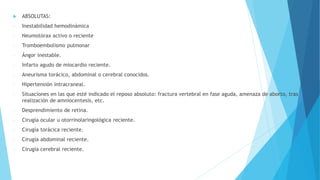  ABSOLUTAS:
- Inestabilidad hemodinámica
- Neumotórax activo o reciente
- Tromboembolismo pulmonar
- Ángor inestable.
- Infarto agudo de miocardio reciente.
- Aneurisma torácico, abdominal o cerebral conocidos.
- Hipertensión intracraneal.
- Situaciones en las que esté indicado el reposo absoluto: fractura vertebral en fase aguda, amenaza de aborto, tras
realización de amniocentesis, etc.
- Desprendimiento de retina.
- Cirugía ocular u otorrinolaringológica reciente.
- Cirugía torácica reciente.
- Cirugía abdominal reciente.
- Cirugía cerebral reciente.
 