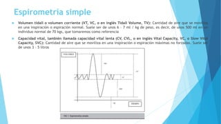 Espirometría simple
 Volumen tidall o volumen corriente (VT, VC, o en inglés Tidall Volume, TV): Cantidad de aire que se moviliza
en una inspiración o espiración normal. Suele ser de unos 6 – 7 ml / kg de peso, es decir, de unos 500 ml en un
individuo normal de 70 kgs, que tomaremos como referencia
 Capacidad vital, también llamada capacidad vital lenta (CV, CVL, o en inglés Vital Capacity, VC, o Slow Vital
Capacity, SVC): Cantidad de aire que se moviliza en una inspiración o espiración máximas no forzadas. Suele ser
de unos 3 – 5 litros
 