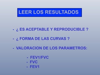 LEER LOS RESULTADOS
- ¿ ES ACEPTABLE Y REPRODUCIBLE ?
- ¿ FORMA DE LAS CURVAS ?
- VALORACION DE LOS PARAMETROS:
- FEV1/FVC
- FVC
- FEV1

 