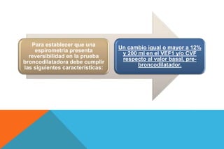 Para establecer que una
espirometria presenta
reversibilidad en la prueba
broncodilatadora debe cumplir
las siguientes caracteristicas:
Un cambio igual o mayor a 12%
y 200 ml en el VEF1 y/o CVF
respecto al valor basal, pre-
broncodilatador.
 