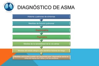 DIAGNÓSTICO DE ASMA
Medidas adicionales pueden ser requeridas para diagnosticar asma en
niños de menos de 5 años y en los ancianos
Medidas del estado alérgico para identificar factores de riesgo
Medida de la sensibilidad de la vía aérea
- Flujometría
- Espirometría
Medidas de función pulmonar
Historia y patrones de síntomas
 