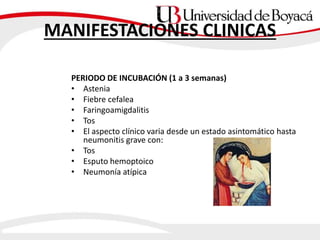 MANIFESTACIONES CLINICAS
PERIODO DE INCUBACIÓN (1 a 3 semanas)
• Astenia
• Fiebre cefalea
• Faringoamigdalitis
• Tos
• El aspecto clínico varia desde un estado asintomático hasta
neumonitis grave con:
• Tos
• Esputo hemoptoico
• Neumonía atípica
 