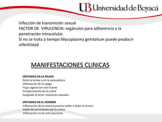 MANIFESTACIONES CLINICAS
SÍNTOMAS EN LA MUJER
Dolor al orinar y en la zona pélvica
Inflamación de la vejiga
Flujo vaginal con olor fuerte
Enrojecimiento de la uretra
Sangrado al tener relaciones sexuales
SÍNTOMAS EN EL HOMBRE
Inflamación de la uretra (ocasiona ardor y dolor al orinar)
Salida de secreciones por la uretra
Inflamación en las articulaciones
Infección de transmisión sexual
FACTOR DE VIRULENCIA: orgánulos para adherencia y la
penetración intracelular.
Sí no se trata a tiempo Mycoplasma genitalium puede producir
infertilidad
 