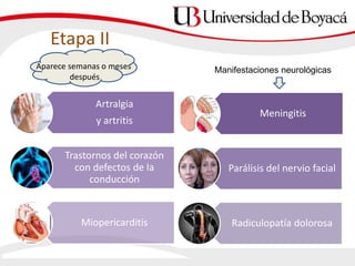 Etapa II
Artralgia
y artritis
Trastornos del corazón
con defectos de la
conducción
Miopericarditis
Meningitis
Parálisis del nervio facial
Radiculopatía dolorosa
Manifestaciones neurológicasAparece semanas o meses
después
 