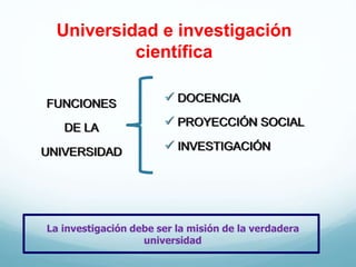 Universidad e investigación
científica
 DOCENCIA
 PROYECCIÓN SOCIAL
 INVESTIGACIÓN
FUNCIONES
DE LA
UNIVERSIDAD
La investigación debe ser la misión de la verdadera
universidad
 