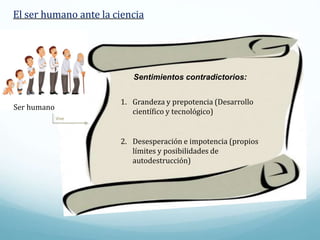 1. Grandeza y prepotencia (Desarrollo
científico y tecnológico)
2. Desesperación e impotencia (propios
límites y posibilidades de
autodestrucción)
Vive
El ser humano ante la ciencia
Ser humano
Sentimientos contradictorios:
 