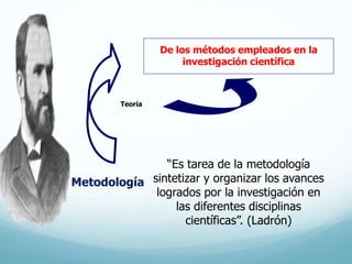 “Es tarea de la metodología
sintetizar y organizar los avances
logrados por la investigación en
las diferentes disciplinas
científicas”. (Ladrón)
Teoría
De los métodos empleados en la
investigación científica
Metodología
 