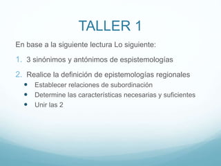 TALLER 1
En base a la siguiente lectura Lo siguiente:
1. 3 sinónimos y antónimos de espistemologías
2. Realice la definición de epistemologías regionales
 Establecer relaciones de subordinación
 Determine las características necesarias y suficientes
 Unir las 2
 