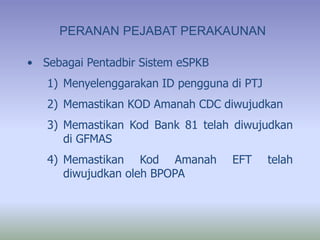PERANAN PEJABAT PERAKAUNAN
• Sebagai Pentadbir Sistem eSPKB
1) Menyelenggarakan ID pengguna di PTJ
2) Memastikan KOD Amanah CDC diwujudkan
3) Memastikan Kod Bank 81 telah diwujudkan
di GFMAS
4) Memastikan Kod Amanah EFT telah
diwujudkan oleh BPOPA
 