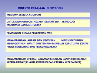 UNTUK MEMPELOPORI NEGARA KEARAH ERA TEKNOLOGI
MAKLUMAT DAN MULTIMEDIA
MENAMBAHBAIK OPERASI DALAMAN KERAJAAN DAN PERKHIDMATAN
KEPADA RAKYAT( KUALITI, INTERAKSI DAN CAPAIAN KEPADA DATA)
MENAMBAHBAIK ALIRAN DAN PROSESAN MAKLUMAT UNTUK
MENINGKATKAN KUALITI DAN TEMPOH MEMBUAT KEPUTUSAN KEATAS
POLISI, KOORDINASI DAN PENGUATKUASAAN
MEMBINA SEMULA KERAJAAN
PEMANGKIN KEPADA PENCAPAIAN MSC
OBJEKTIF KERAJAAN ELEKTRONIK
 