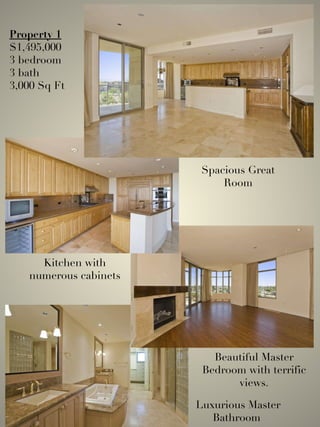 Property 1 $1,495,000 3 bedroom 3 bath 3,000 Sq Ft Spacious Great Room Kitchen with numerous cabinets Beautiful Master Bedroom with terrific views. Luxurious Master Bathroom