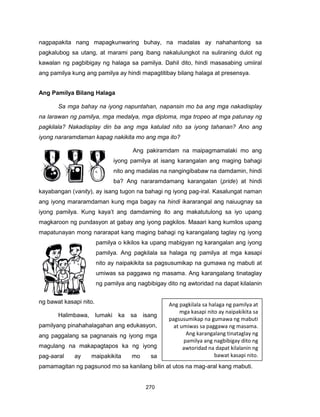 270
nagpapakita nang mapagkunwaring buhay, na madalas ay nahahantong sa
pagkalubog sa utang, at marami pang ibang nakalulungkot na suliraning dulot ng
kawalan ng pagbibigay ng halaga sa pamilya. Dahil dito, hindi masasabing umiiral
ang pamilya kung ang pamilya ay hindi mapagtitibay bilang halaga at presensya.
Ang Pamilya Bilang Halaga
Sa mga bahay na iyong napuntahan, napansin mo ba ang mga nakadisplay
na larawan ng pamilya, mga medalya, mga diploma, mga tropeo at mga patunay ng
pagkilala? Nakadisplay din ba ang mga katulad nito sa iyong tahanan? Ano ang
iyong nararamdaman kapag nakikita mo ang mga ito?
Ang pakiramdam na maipagmamalaki mo ang
iyong pamilya at isang karangalan ang maging bahagi
nito ang madalas na nangingibabaw na damdamin, hindi
ba? Ang nararamdamang karangalan (pride) at hindi
kayabangan (vanity), ay isang tugon na bahagi ng iyong pag-iral. Kasalungat naman
ang iyong mararamdaman kung mga bagay na hindi ikararangal ang naiuugnay sa
iyong pamilya. Kung kaya’t ang damdaming ito ang makatutulong sa iyo upang
magkaroon ng pundasyon at gabay ang iyong pagkilos. Maaari kang kumilos upang
mapatunayan mong nararapat kang maging bahagi ng karangalang taglay ng iyong
pamilya o kikilos ka upang mabigyan ng karangalan ang iyong
pamilya. Ang pagkilala sa halaga ng pamilya at mga kasapi
nito ay naipakikita sa pagsusumikap na gumawa ng mabuti at
umiwas sa paggawa ng masama. Ang karangalang tinataglay
ng pamilya ang nagbibigay dito ng awtoridad na dapat kilalanin
ng bawat kasapi nito.
Halimbawa, lumaki ka sa isang
pamilyang pinahahalagahan ang edukasyon,
ang paggalang sa pagnanais ng iyong mga
magulang na makapagtapos ka ng iyong
pag-aaral ay maipakikita mo sa
pamamagitan ng pagsunod mo sa kanilang bilin at utos na mag-aral kang mabuti.
Ang pagkilala sa halaga ng pamilya at
mga kasapi nito ay naipakikita sa
pagsusumikap na gumawa ng mabuti
at umiwas sa paggawa ng masama.
Ang karangalang tinataglay ng
pamilya ang nagbibigay dito ng
awtoridad na dapat kilalanin ng
bawat kasapi nito.
 
