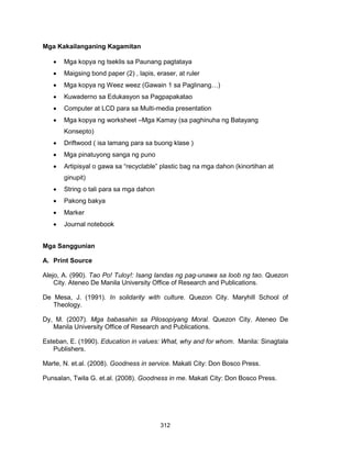 312
Mga Kakailanganing Kagamitan
 Mga kopya ng tseklis sa Paunang pagtataya
 Maigsing bond paper (2) , lapis, eraser, at ruler
 Mga kopya ng Weez weez (Gawain 1 sa Paglinang…)
 Kuwaderno sa Edukasyon sa Pagpapakatao
 Computer at LCD para sa Multi-media presentation
 Mga kopya ng worksheet –Mga Kamay (sa paghinuha ng Batayang
Konsepto)
 Driftwood ( isa lamang para sa buong klase )
 Mga pinatuyong sanga ng puno
 Artipisyal o gawa sa “recyclable” plastic bag na mga dahon (kinortihan at
ginupit)
 String o tali para sa mga dahon
 Pakong bakya
 Marker
 Journal notebook
Mga Sanggunian
A. Print Source
Alejo, A. (990). Tao Po! Tuloy!: Isang landas ng pag-unawa sa loob ng tao. Quezon
City. Ateneo De Manila University Office of Research and Publications.
De Mesa, J. (1991). In solidarity with culture. Quezon City. Maryhill School of
Theology.
Dy, M. (2007). Mga babasahin sa Pilosopiyang Moral. Quezon City. Ateneo De
Manila University Office of Research and Publications.
Esteban, E. (1990). Education in values: What, why and for whom. Manila: Sinagtala
Publishers.
Marte, N. et.al. (2008). Goodness in service. Makati City: Don Bosco Press.
Punsalan, Twila G. et.al. (2008). Goodness in me. Makati City: Don Bosco Press.
 
