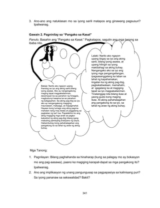 341
Babae: Narito ako ngayon upang
ihandog sa iyo ang aking sarili,bilang
iyong asawa. Ako ay nangangakong
maging tapat magpakailanman,
daramayan ka sa panahon ng hinagpis,
magbubunyi kasama ka sa panahon
ng kaligayahan. Sa aking pag-ibig sa iyo,
ako ay nangangakong magiging
maunawain, matiyaga, at mapagmahal.
Hayaan kong lumago ang ating pagma-
mahalan nang may tiwala at paggalang sa
pagkatao ng isa’t isa. Papalakihin ko ang
ating magiging mga anak sa pagka-
kabuklod ng ating pag-ibig bilang isang
mabuting pamilyang kristiyano ng Diyos.
Habambuhay kong pahahalagahan ang
pangakong ito sa lahat ng araw ng aking
buhay.
Lalaki: Narito ako ngayon
upang ibigay sa iyo ang aking
sarili, bilang iyong asawa, at
upang hilingin sa iyong
makibahagi sa aking buhay.
Nangangako ako sa iyo ang
iyong mga pangangailangan,
ipagsasanggalang ka laban sa
lahat ng kapahamakan,
iingatan ka ng aking pag-ibig,
pagkakatiwalaan, mamahalin,
at igagalang ka at magiging
tapat sa iyo magpakailanman.
Tinatanggap kita bilang ikaw at
yaong gusto kong maging
ikaw. At aking pahahalagahan
ang pangakong ito sa iyo, sa
lahat ng araw ng aking buhay.
3. Ano-ano ang natuklasan mo sa iyong sarili matapos ang ginawang pagsusuri?
Ipaliwanag.
Gawain 2. Pagninilay sa “Pangako sa Kasal”
Panuto. Basahin ang “Pangako sa Kasal.” Pagkatapos, sagutin ang mga tanong sa
ibaba nito.
Mga Tanong:
1. Pagnilayan: Bilang paghahanda sa hinaharap (kung sa palagay mo ay bokasyon
mo ang pag-aasawa), paano ka magiging karapat-dapat sa mga pangakong ito?
Ipaliwanag.
2. Ano ang implikasyon ng unang pangungusap sa pagpapasiya sa kalinisang puri?
Sa iyong pananaw sa sekswalidad? Bakit?
 