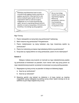 377
Mga Tanong:
1. Paano nakaapekto sa isang bata ang pambubulas? Ipaliwanag.
2. Bakit masama ang pambubulas? Pangatwiranan.
3. Paano malalampasan ng isang kabataan ang mga masamang epekto ng
pambubulas?
4. Paano ka matutulong sa kapwa mga kabataang biktima ng pambubulas?
5. Kung ikaw ay naging biktima na nang pambubulas, paano mo ito nalampasan?
Gawain 2
Matapos mabasa ang kuwento at mamulat sa mga makatotohanang epekto
ng pambubulas at karahasan sa paaralan, ituon naman natin ang iyong pansin sa
mga makatotohanang kuwento ng katulad na karanasan sa iyong sariling paaralan.
1. Magsagawa ng isang survey sa paaralan na tataya sa dalawang bagay:
a. Ikaw ba ay nambubulas?
b. Ikaw ba ay nabubulas?
2. Maaaring gamitin ang katulad na nilalaman o di kaya naman ay maaring
magsaliksik upang makagawa ng sariling survey sheet, tiyakin lamang na ito ay
ipakikita sa guro bago isagawa ang survey.
Makalipas ang dalawamput apat na taon
masasabi kong nagiging maayos ang lahat sa
paglipas ng panahon. Maaring hindi na ako
lampa at patpatin gaya ng dati, hindi na rin
nagsasalamin dahil sa Lasik Eye Surgery,
magaganda na rin at tuwid ang aking mga
ngipin, ako pa rin ang dating batang mahinhin
ang kilos na tulad sa isang babae. At hindi ko ito
ikinahihiya. Ito’y bahagi ng aking pagkatao.
Ako ay may halaga,
tulad din ng maraming
mga batang nagiging
biktima ng
pambubulas. Lahat ay
may karapatang
makita na bumubuti
rin ang lahat sa huli.
 