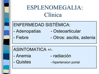 ESPLENOMEGALIA:
            Clínica
ENFERMEDAD SISTÉMICA:
- Adenopatías - Osteoarticular
- Fiebre      - Otros: ascitis, astenia

ASINTOMATICA +/-
- Anemia       - radiación
- Quistes      - hipertension portal
 