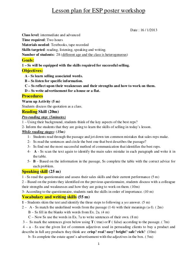 Esp Lesson Plan For The Poster Workshop Esp Lesson Plan For The Poster Workshop