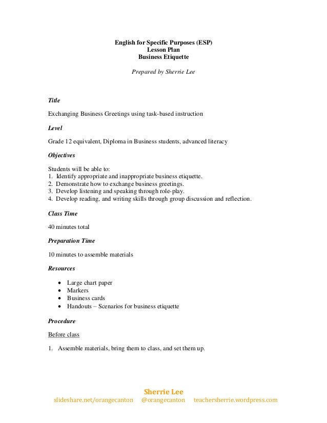 esp lesson plan on business etiquette lesson plan formats