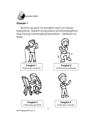 21
/EsP/Tagalog/LM/03.22.13
Gawain 1
Bumuo ng apat na pangkat ayon sa inyong
kakayahan. Sabihin kung paano pinahahalagahan
ang inyong natatanging kakayahan. Talakayin sa
klase.
Pangkat 1
mahusay umawit
Pangkat 2
mahusay sumayaw
Pangkat 3
mahusay gumihit
Pangkat 4
mahusay tumula
 