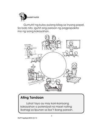 3
/EsP/Tagalog/LM/03.22.13
Gumuhit ng kulay pulang bilog sa inyong papel.
Sa loob nito, iguhit ang paraan ng pagpapakita
mo ng iyong kakayahan.
Ating Tandaan
Lahat tayo ay may kani-kaniyang
kakayahan o potensiyal na maari nating
ibahagi sa lipunan sa iba’t ibang paraan.
 