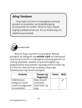 60
/EsP/Tagalog/LM/03.22.13
Bumuo kayo ng anim na pangkat. Bawat
pangkat ay bibigyan ng activity card na nakasaad
ang isang tuntunin o napagkasunduang gawain sa
inyong paaralan. Ipakita sa pamamagitan ng
pagsasadula ang paraan ng pagsunod sa loob ng
2-3 minuto. Itala sa tsart sa ibaba ang mga
obserbasyon ng bawat pangkat.
Tuntunin Paraan ng
Pagsunod
Tama Mali
Halimbawa:
Magsuot ng ID
card sa pagpasok
sa paaralan.
Dala ang ID
card pero
nasa loob ng
bag.

Ating Tandaan
Ang mga tuntunin at napagkasunduang
gawain sa paaralan ay kinakailangang
kusang-loob na sundin. Hindi na tayo dapat
laging paalalahanan pa. Ito ay tinatawag na
disiplinang pansarili.
 