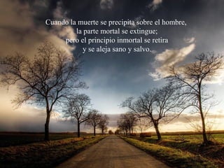 Cuando la muerte se precipita sobre el hombre,
la parte mortal se extingue;
pero el principio inmortal se retira
y se aleja sano y salvo.
 