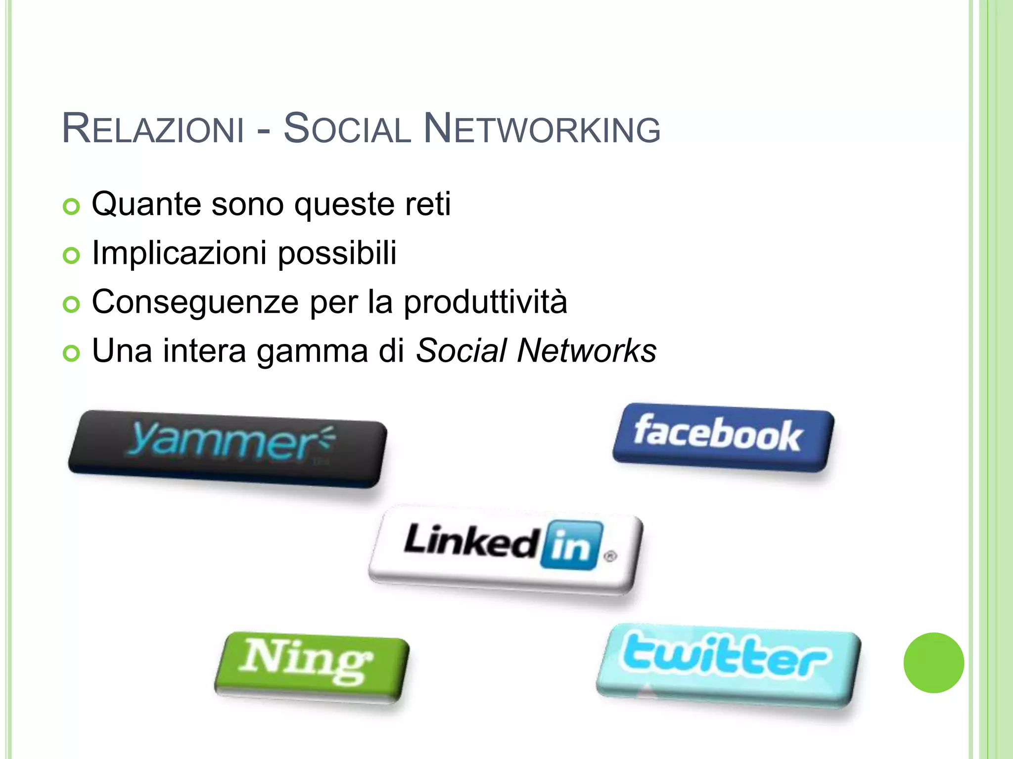 RELAZIONI - SOCIAL NETWORKING
 Quante sono queste reti
 Implicazioni possibili
 Conseguenze per la produttività
 Una intera gamma di Social Networks
 